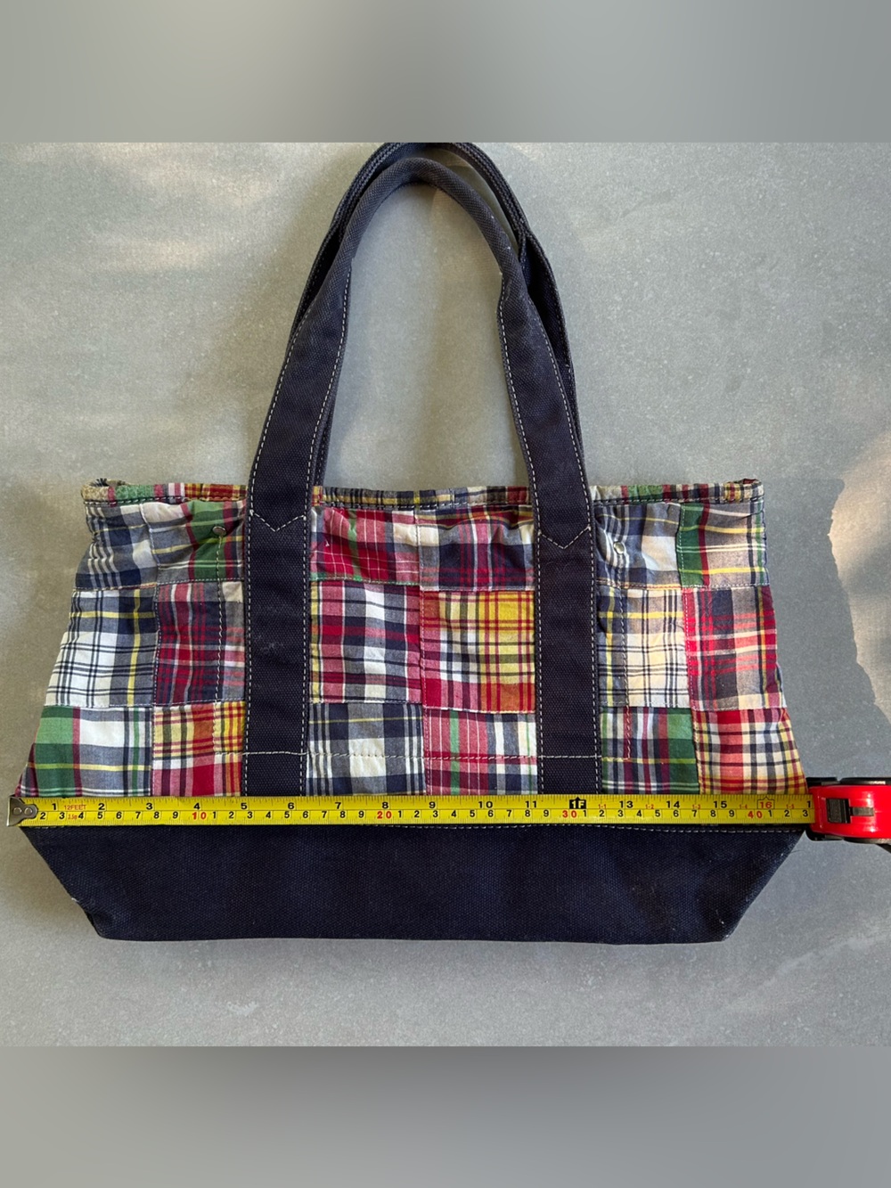 J.Crew 2007 Patchwork Madras Plaid Tote Bag Leather Logo Preppy Coastal - Picture 3 of 7